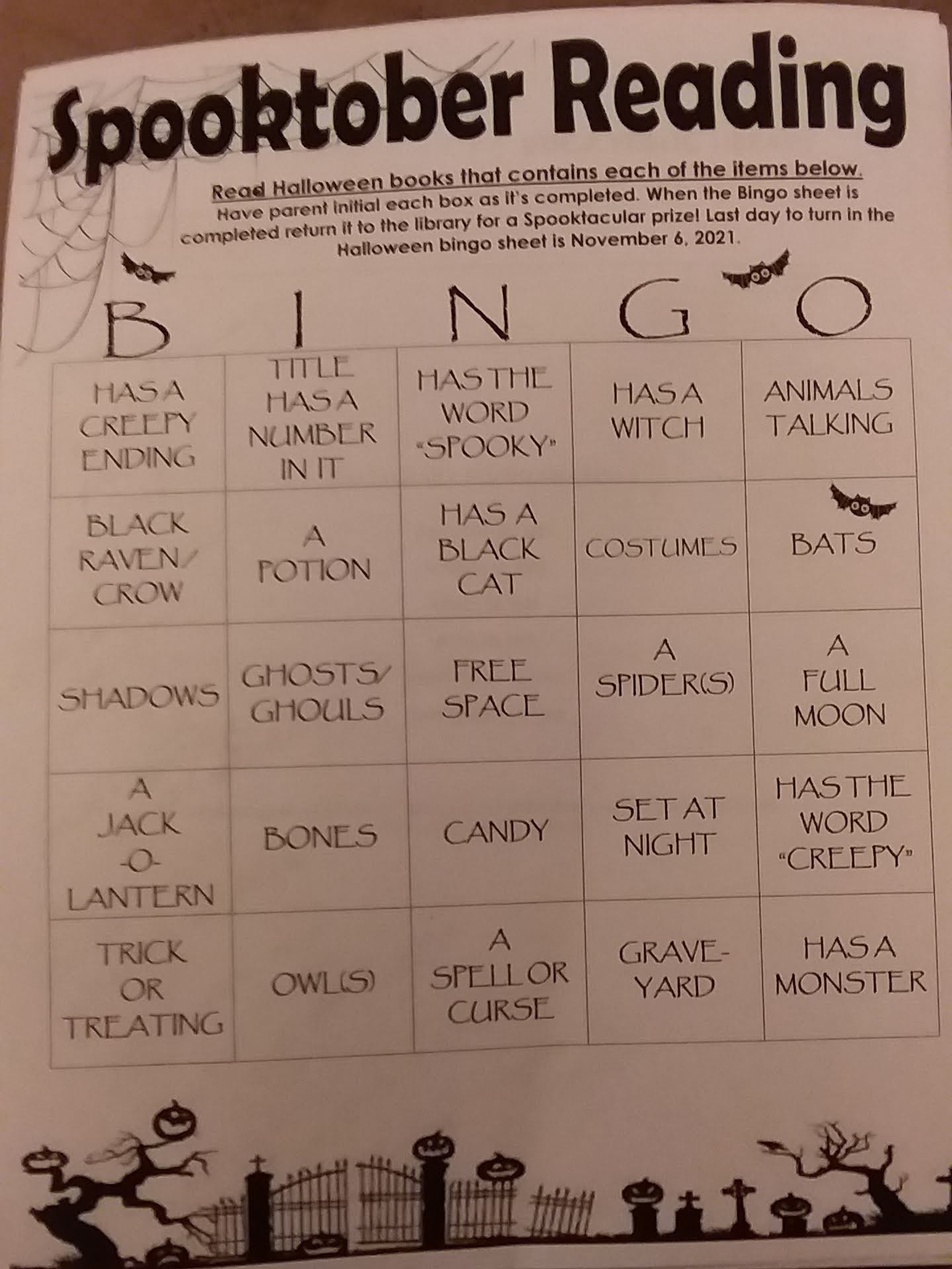 Last day to turn in Spooktober Reading Bingo