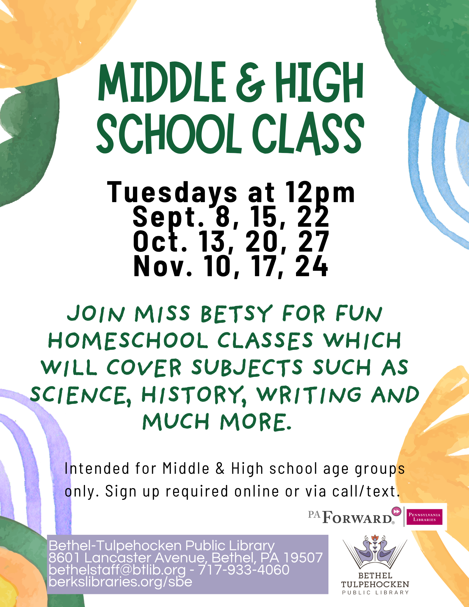 Middle & High School Homeschool Class at Bethel-Tulpehocken Library
