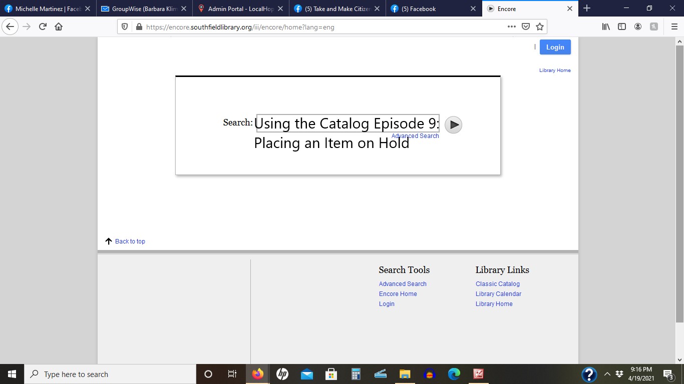 Using the Catalog Episode 9: Placing an Item on Hold