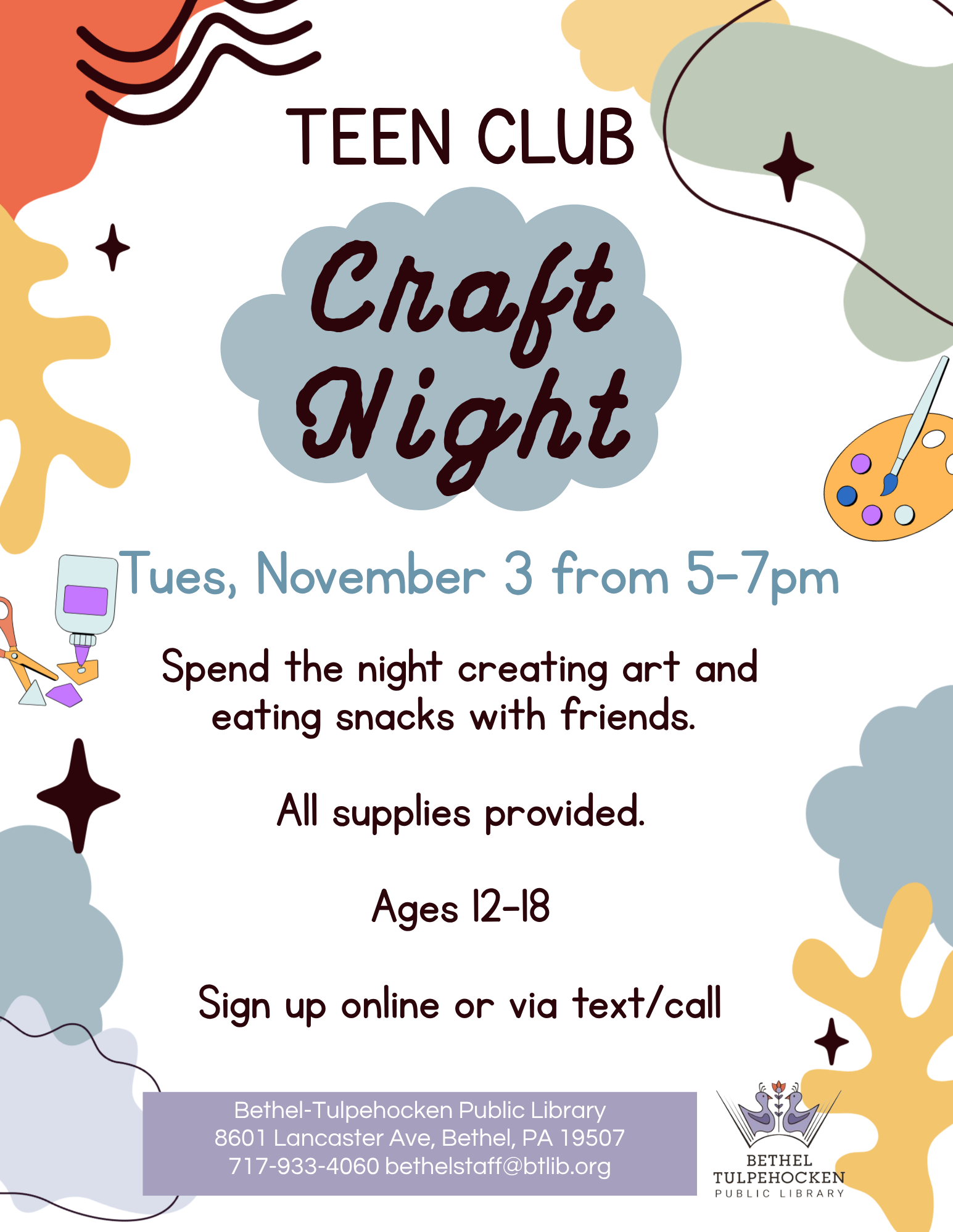 Teen Club Craft Night at Bethel-Tulpehocken Library